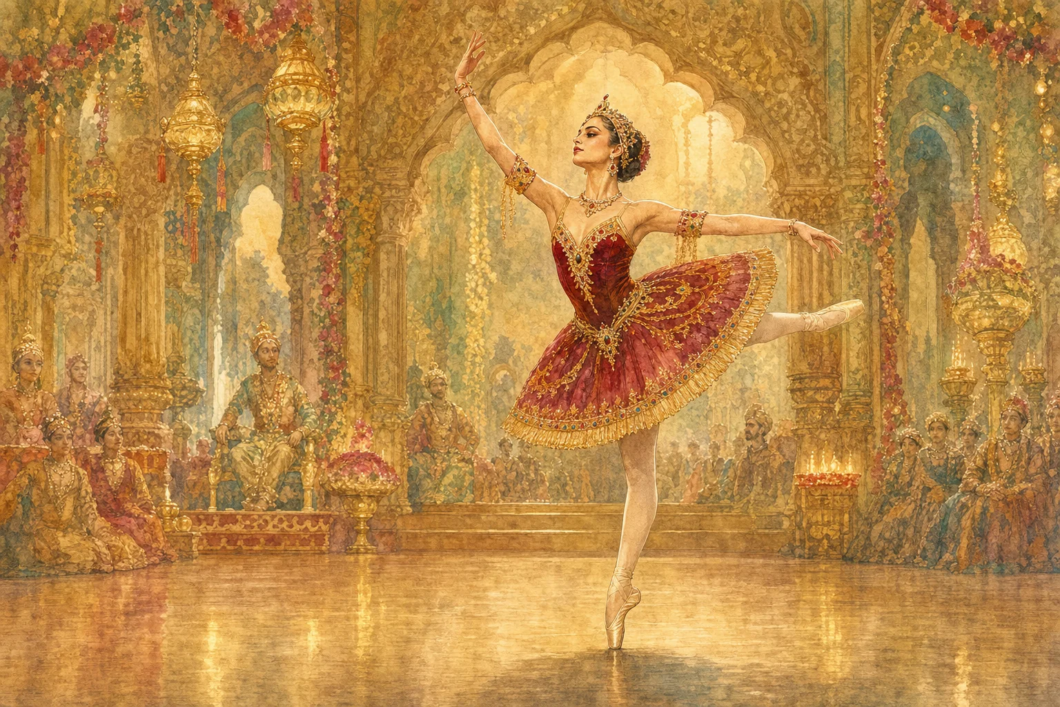 黄金の宮殿で誇り高く踊るガムザッティの水彩画