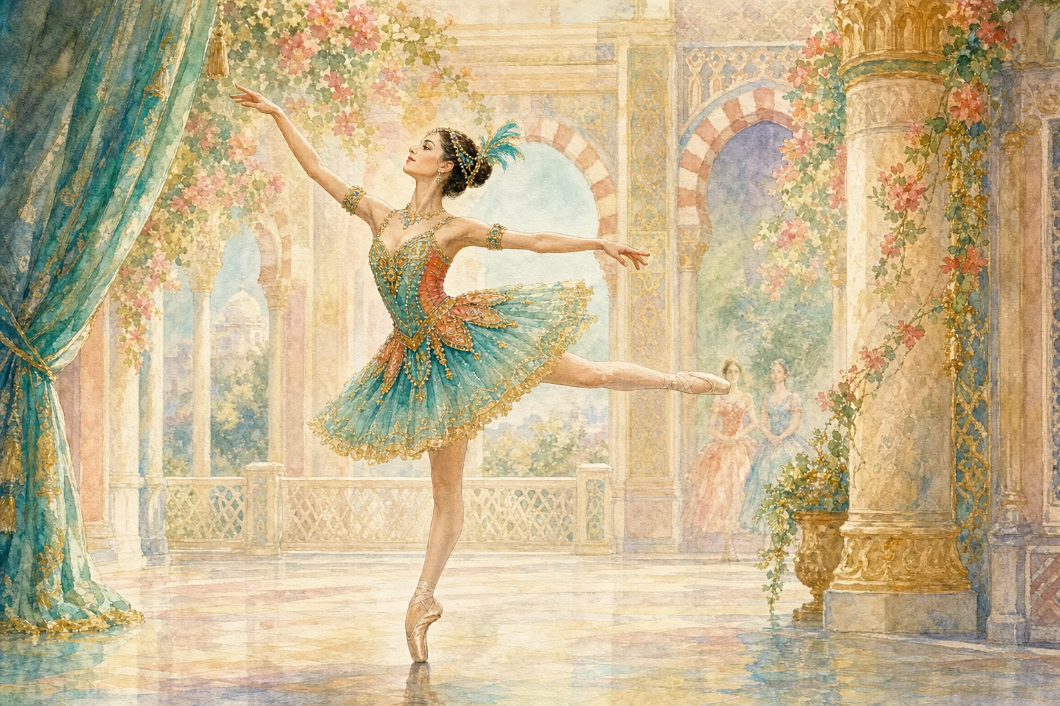 宮殿の祝宴で精緻な踊りを見せるオダリスクの水彩画