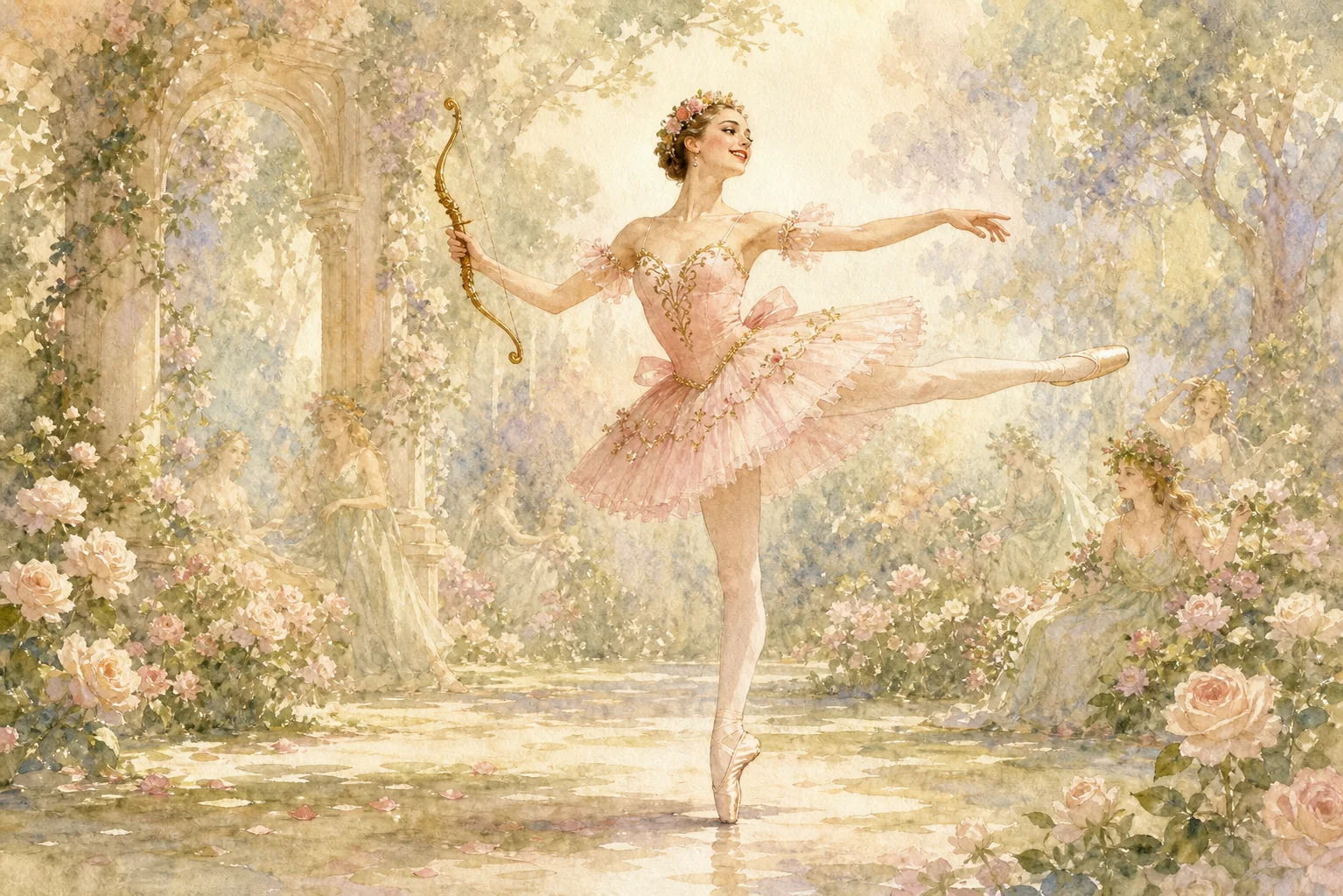 夢の庭で黄金の弓を手に踊るキューピッドの水彩画