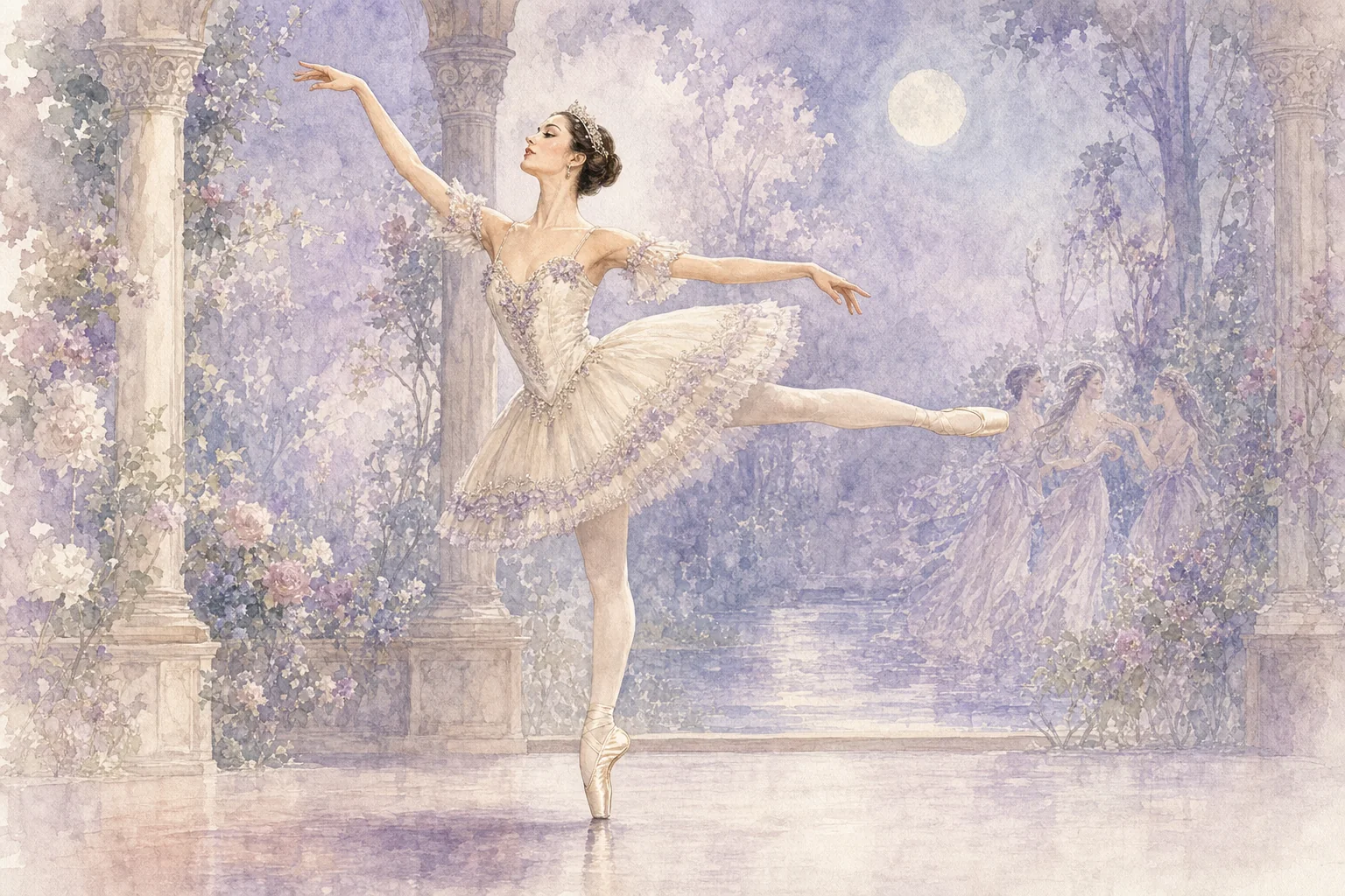 月明かりの夢の庭で優雅に踊るドルシネア姫の水彩画
