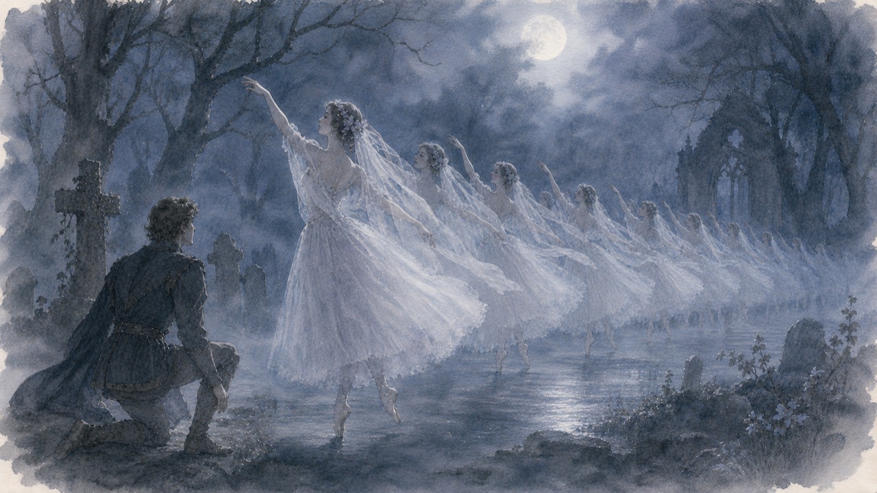 月夜の森で列をなして踊る白い精霊ウィリたちの水彩イラスト