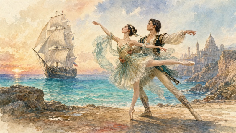 地中海の帆船を背にメドーラとコンラッドが踊るバレエ『海賊』の水彩画