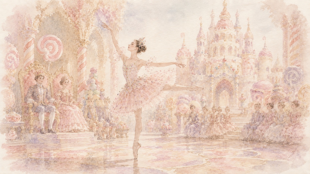 お菓子の国で優雅に踊る金平糖の精の水彩イラスト
