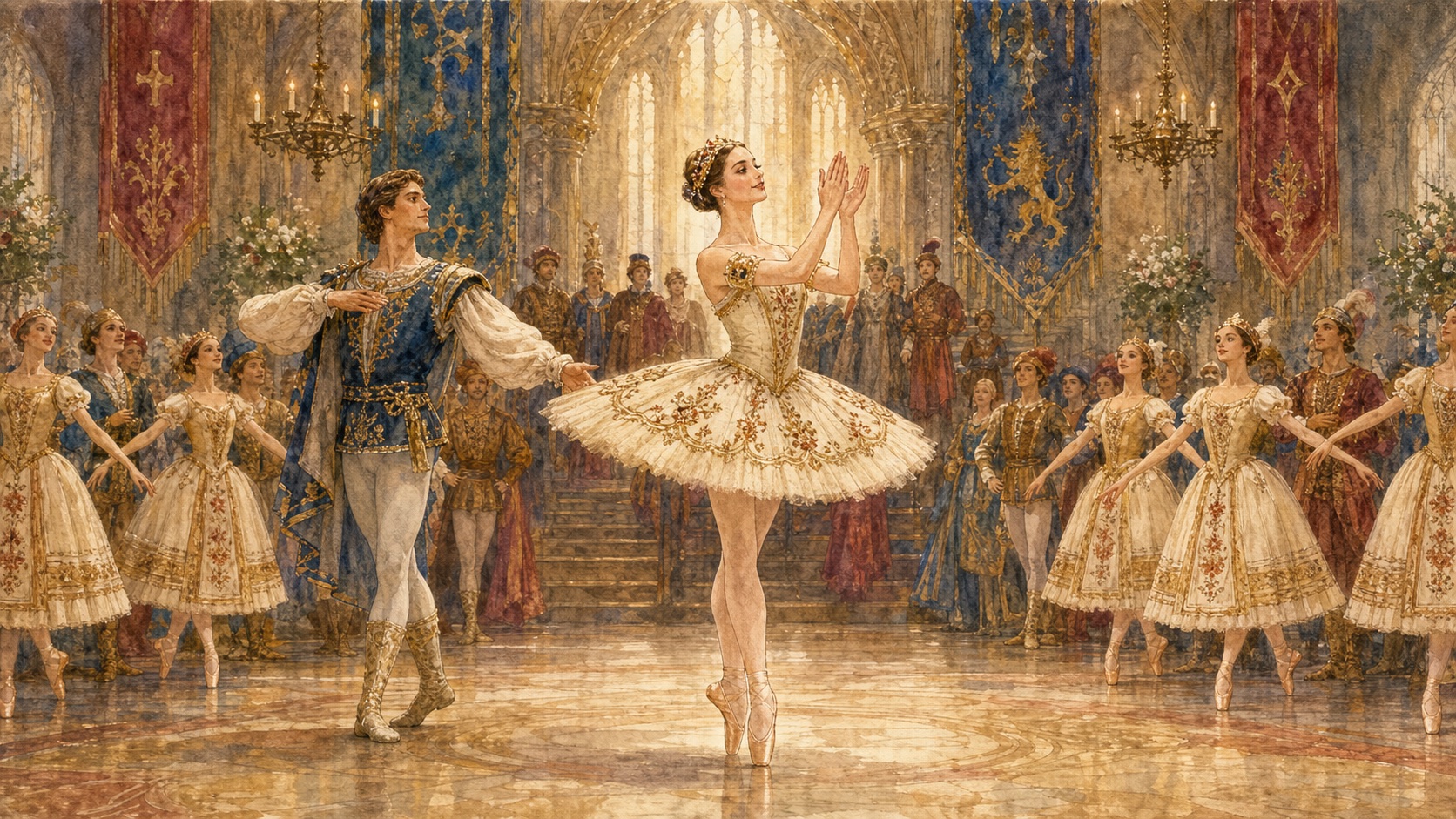 黄金色の祝宴でライモンダが手拍子のヴァリエーションを踊る水彩画