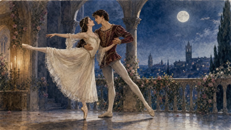 月明かりのヴェローナでロミオとジュリエットがパ・ド・ドゥを踊る水彩画